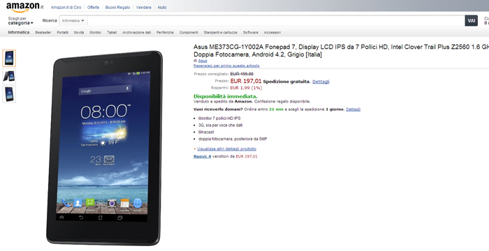Amazon: l'ASUS Fonepad 7 disponibile all'acquisto