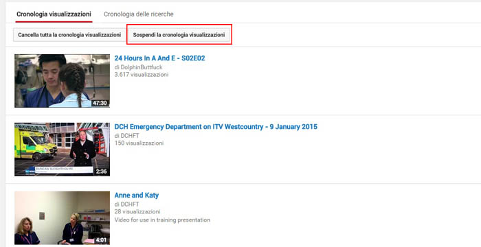 youtube-sospendi cronologia delle ricerche
