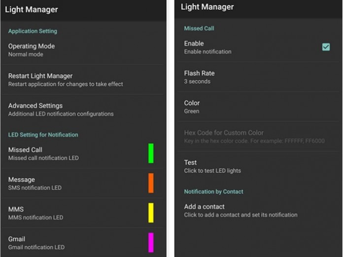 Impostazioni LED di notifica Android Light Manager