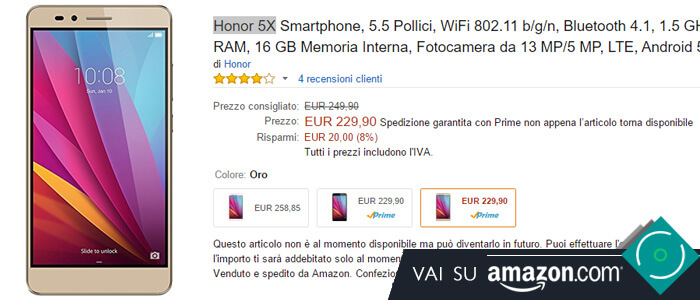 Prezzo Honor 5X su Amazon.