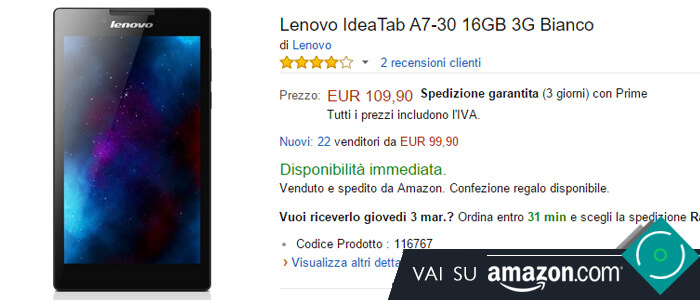 Prezzo Lenovo IdeaTab A7-30 su Amazon.