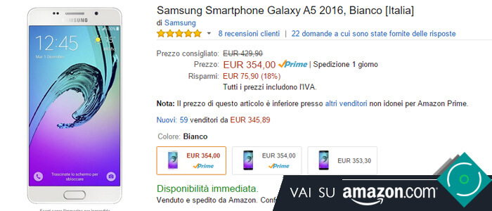 Prezzo Samsung Galaxy A5 2016 su Amazon.