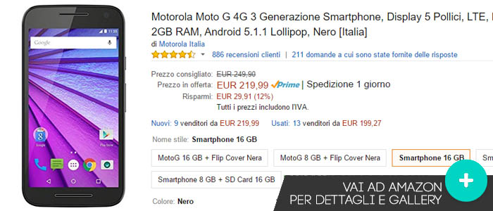 Prezzo Motorola Moto G 4G (3a Gen.) su Amazon.