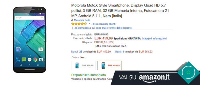 Prezzo Amazon ultime offerte per Motorola Moto X Style.