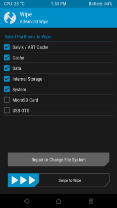 TWRP Wipe cache selector