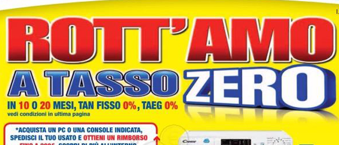 Copertina del volantino Euronics col "Rott'amo a tasso zero"