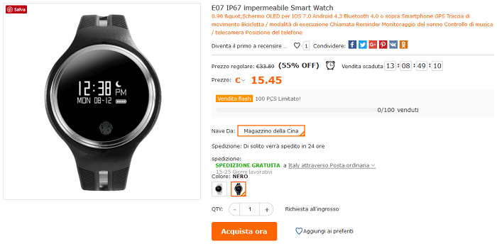 Smartwatch E07 offerta Cafago