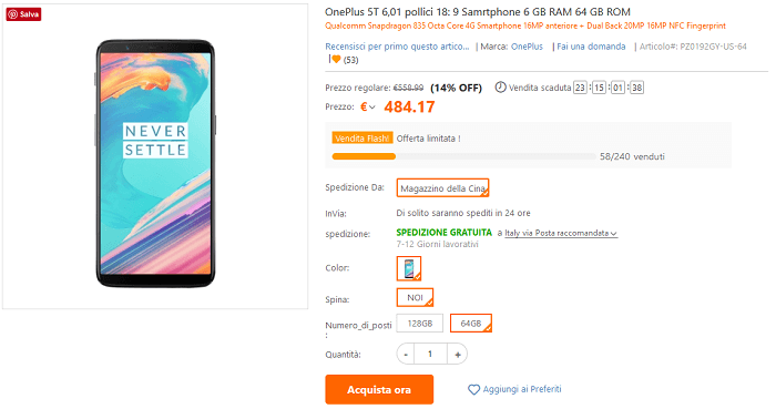 OnePlus 5T 6/64 GB flash sale TomTop