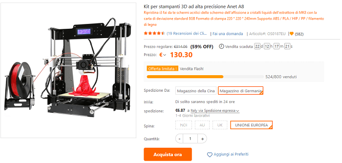 Anet A8 stampante 3D offerta TomTop