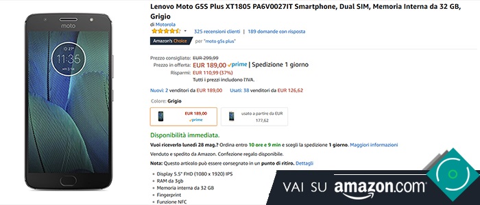 Motorola Moto G5S Plus offerta Amazon 189 euro