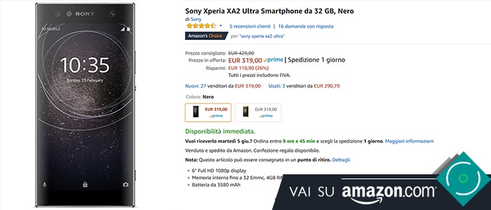 Sony Xperia XA2 Ultra offerta Amazon 319 euro