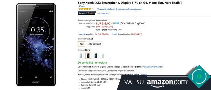 Sony Xperia XZ2 promozione Amazon 619 euro