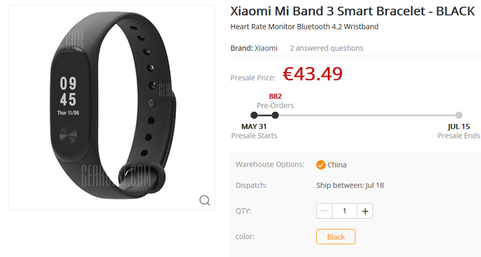 Xiaomi Mi Band 3 pre-ordini GearBest