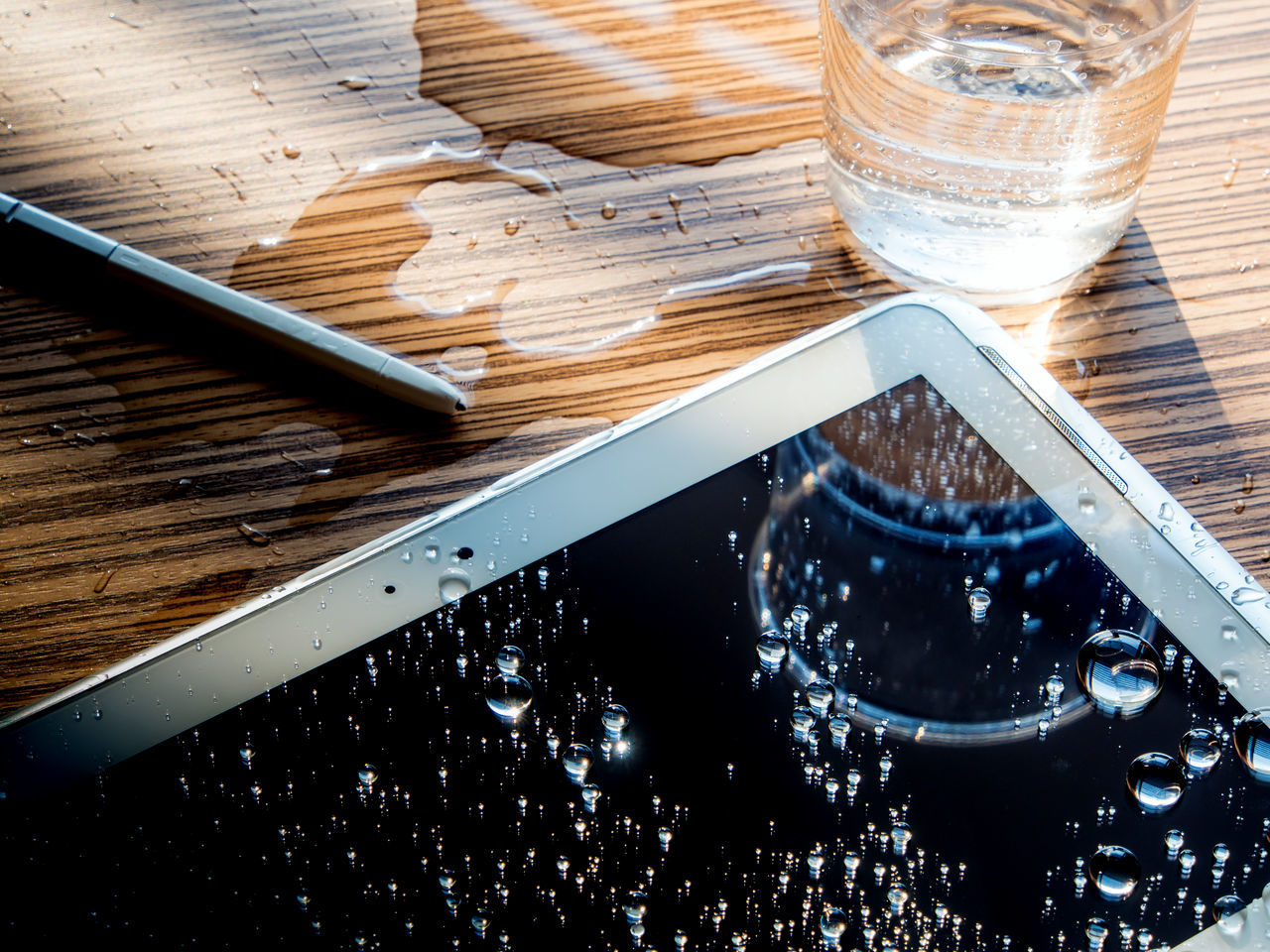 Drops of water on tablet screen